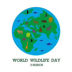 Vector illustration, promotion of World Wildlife Day, graphics for poster, banner, earth with animal and tree contours.
