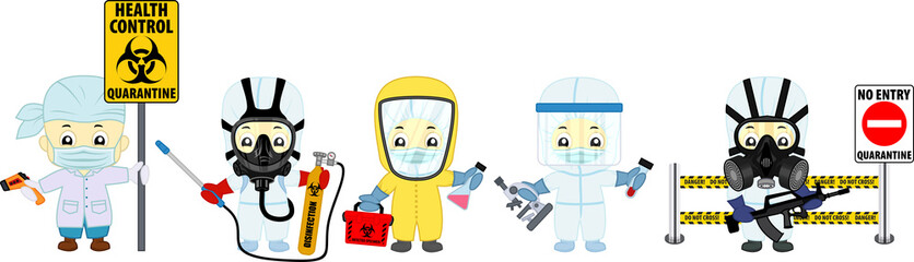 set of vector cute doctors and soldiers in virus protection suit with laboratory tub,  gas mask, assault rifle, microscope, non-contact thermometr and biohazard sign