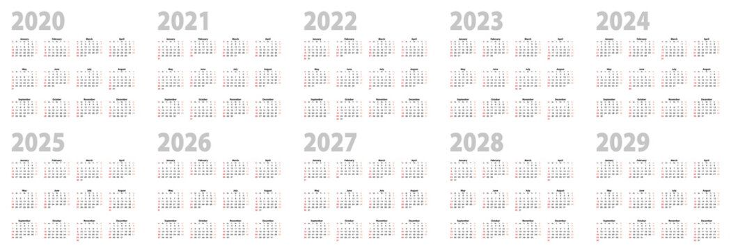 Calendar set in basic design for 2020, 2021, 2022, 2023, 2024, 2025, 2026, 2027, 2028, 2029 years. Week starts on Sunday.