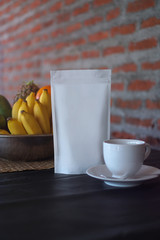 Mocap for your logo or brand. packaging of coffee, tea as a template for design. Box with a clean side. Travel theme still life with fruit