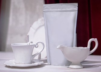 Mocap for your logo or brand. Coffee, tea packaging theme as a template for design. Box with a clean side