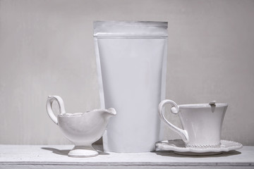 Mocap for your logo or brand. Coffee, tea packaging theme as a template for design. Box with a clean side