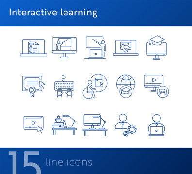 Interactive Learning Line Icon Set. Course, College, Degree. Online Lesson Concept. Can Be Used For Topics Like E-learning, Seminar, Education