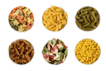 Set of various pasta isolated on a white background.