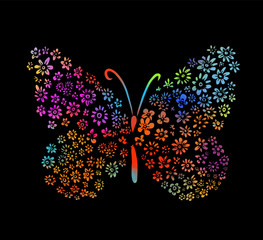 A multi-colored butterfly made of flowers. Mixed media. Vector illustration
