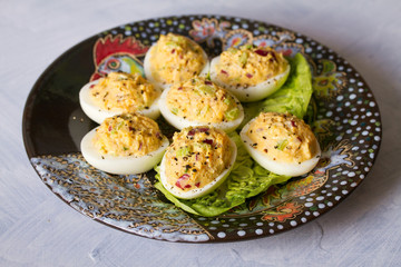 Deviled eggs. Stuffed egg halves, appetizer