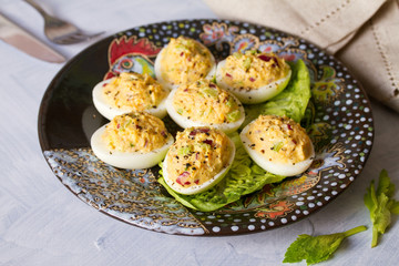 Deviled eggs. Stuffed egg halves, appetizer