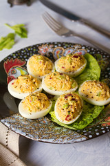 Deviled eggs. Stuffed egg halves, appetizer