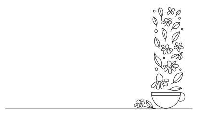 Herbal flower tea. Cup of hot medicinal drink. Line drawing. Vector. Antiviral agent