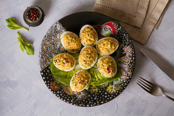 Deviled eggs. Stuffed egg halves, appetizer. Flat lay image