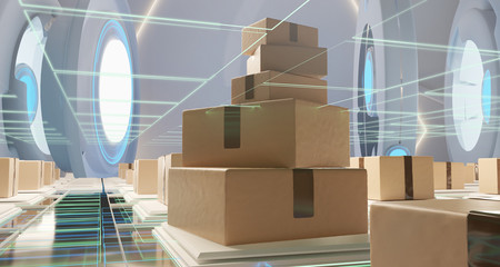 technology creative background postal parcel logistics 3d-illustration brown packages © wetzkaz