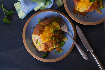 Twice Baked Potatoes with Bacon, Cheese and  Scallion. View from above, top view