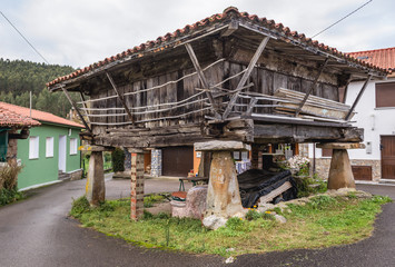 Fototapeta na wymiar Old granary on a pillars called horreo in Guerres village in Asturias region of Spain