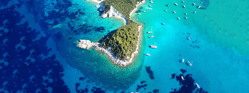 Aerial Drone Ultra Wide Photo Of Tropical Caribbean Bay With White Sand Beach And Beautiful Turquoise And Sapphire Clear Sea