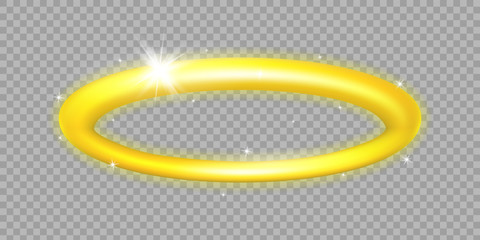 Golden Halo. Angel Ring. Angelic nimbus illustration. Holy golden circle. Saint aureole symbol. Isolated on transparent background.