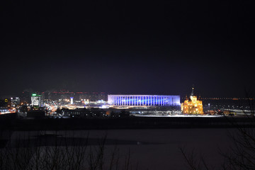 View of the stadium and the beautiful Orthodox Church. Nizhny Novgorod. Russia