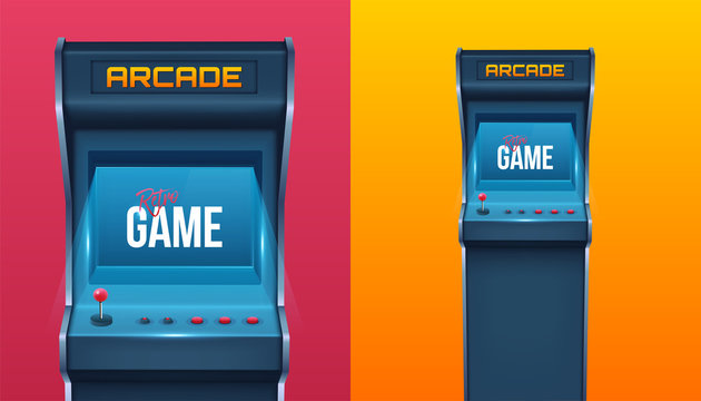 Creative vector illustration of arcade game machine isolated on background. Art design retro video gaming of 80s-90s template. Abstract concept graphic computer, console screen, controllers element