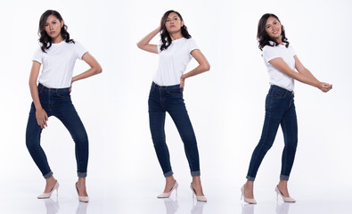 Fototapeta na wymiar Full Length Snap Figure, Asian Woman wear casual white shirt blue jean, she 20s stands and acts many poses smile on high heel shoes, studio lighting white background isolated collage group