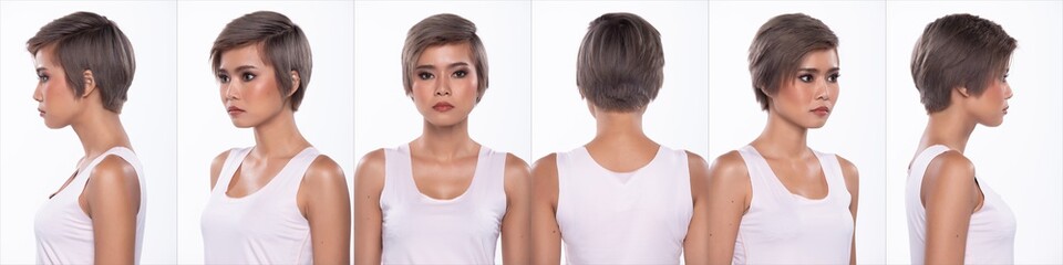 Portrait 360 Snap Figure, Asian Woman wear casual white vast short skirt , she 20s has dying gray color short hair and acts in many poses, studio lighting white background isolated collage group