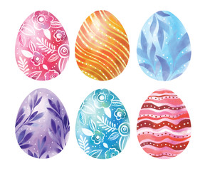 Happy Easter. Watercolor set of hand drawn colored Easter eggs isolated on white background. For greetings card design.
