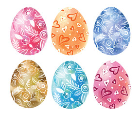 Happy Easter. Watercolor set of hand drawn colored Easter eggs isolated on white background. For greetings card design.