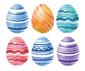 Happy Easter. Watercolor set of hand drawn colored Easter eggs isolated on white background. For greetings card design.