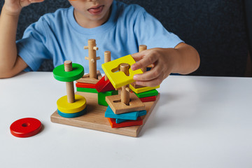 Child plays Montessori game. Kid collects wooden toy sorter. Multicolored geometric   circles and ovals.  Early childhood development.  Logical maze for the development of fine motor skills.