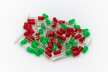 Electronic components. Red and green leds on white background.