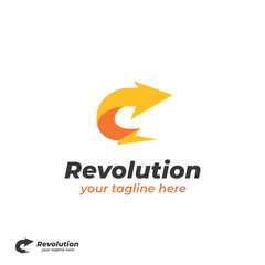Fototapeta premium Revolution yellow lightning bolt with curved right arrow logo icon simple symbol