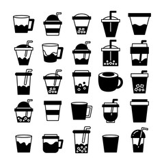 coffee cup, tea, bubble tea icons set