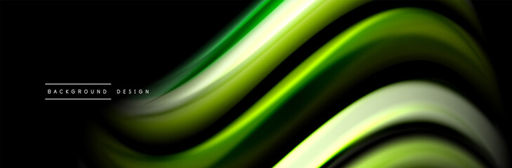 Silk and smooth flow wave poster design. Color waves, liquid style lines and shapes in black color background