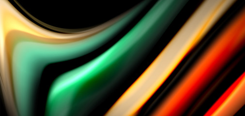 Abstract silk smooth lines on black, multicolored liquid fluid rainbow style waves on black