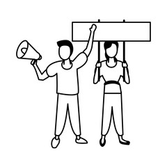 activists couple with protest banner and megaphone