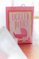 Tickled pink pink and white gift bag with photo of stroller 