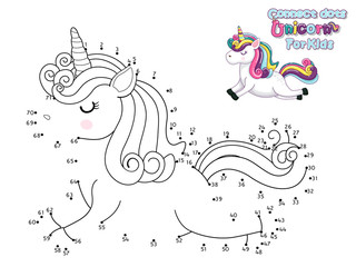 Connect The Dots and Draw Cute Cartoon Unicorn. Educational Game for Kids. Vector Illustration With Cartoon Animal Characters