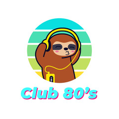 cute sloth is listening to music on cassette music player retro 80's style