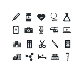 set of icons instruments medical, silhouette style icon