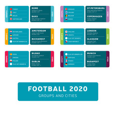 Football 2020 tournament final stage groups and stadium cities vector stock illustration. 2020 European soccer tournament with background. Vector country flags.
