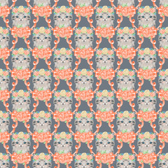 Seamless watercolor pattern with cute little kittens in floral wreaths. Hand drawn animal pattern. Spring summer mood