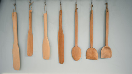 wooden spoons on white background, Cooking tools, Kitchen equipment set