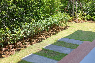 square stone block walkway laying on green grass decorated in backyard garden