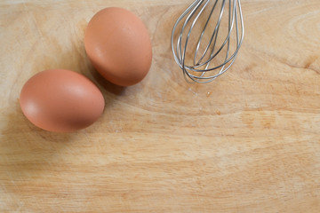 hen egg put on wood cutting board in kitchen prepare cooking