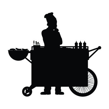 recommend clip art: Road side merchant with food cart silhouette vector