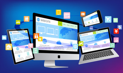 ウェブページを表示したノートパソコンとスマホとタブレット-青色背景 - obrazy, fototapety, plakaty