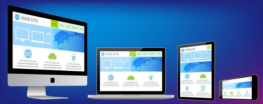 ウェブページを表示したノートパソコンとスマホとタブレット-青色背景