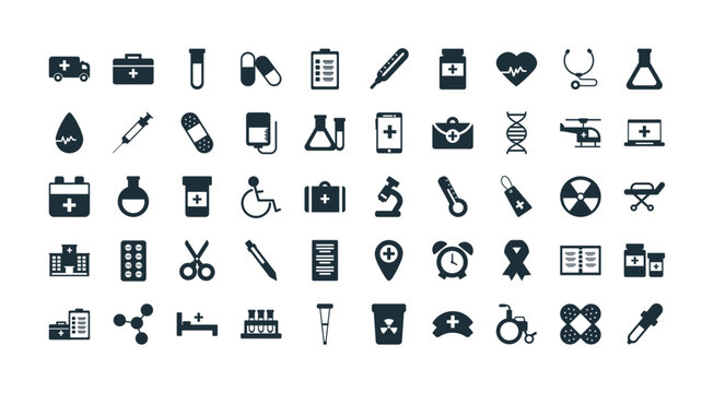 set of icons instruments medical, silhouette style icon