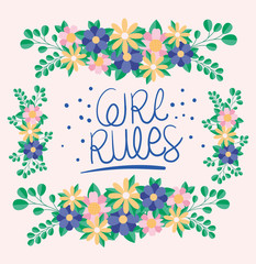 girl rules flowers and leaves of women empowerment vector design
