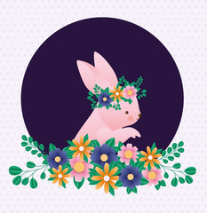 Happy easter rabbit with flowers over pointed background vector design