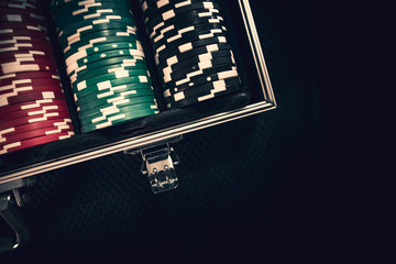 Case of poker chips in casino