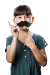 child with mustache on white isolated background.